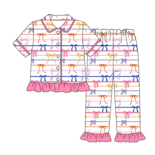 Preorder (moq 8)Baby Girls Colorful Bows Stripe Button Top Ruffle Pants Pajamas Sets 9.15