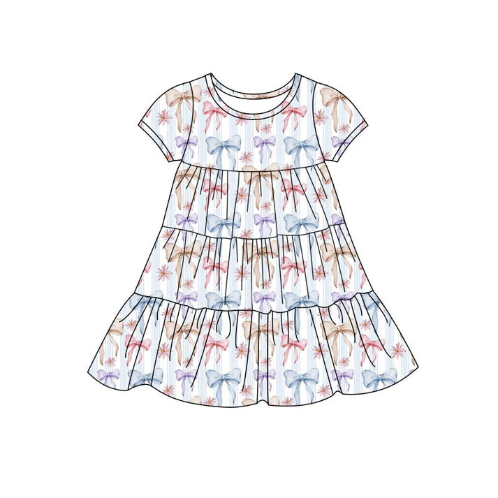 Preorder(moq 5) Baby Girls Colorful Bows Stripe Patchwork Ruffle Knee Length Dresses 11.14