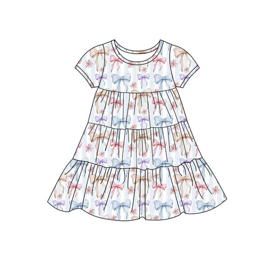 Preorder(moq 5) Baby Girls Colorful Bows Stripe Patchwork Ruffle Knee Length Dresses 11.14