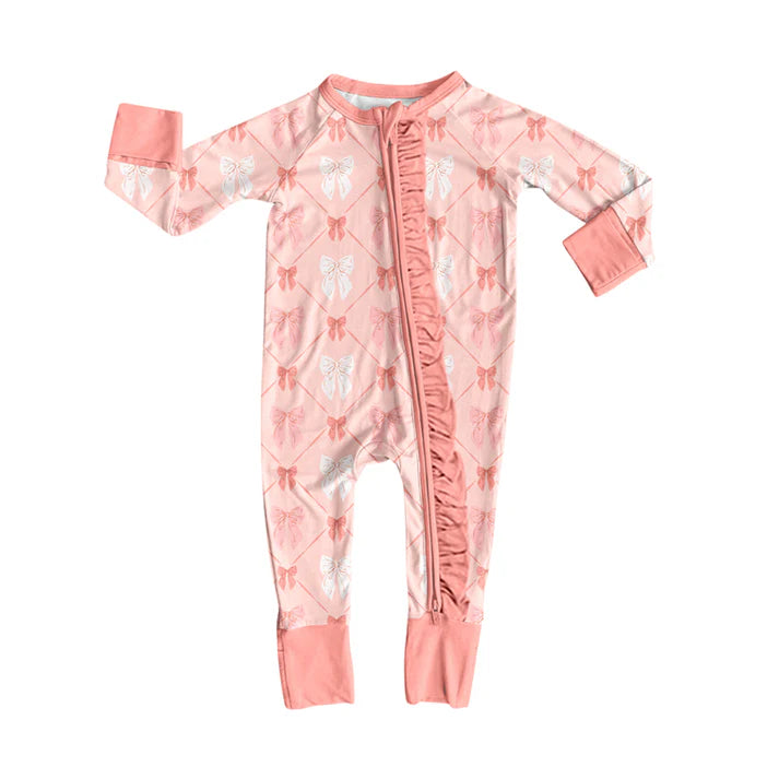 Preorder(moq 5)Baby Girls Coral Bows Ruffle Zipper Footie Rompers 8.14