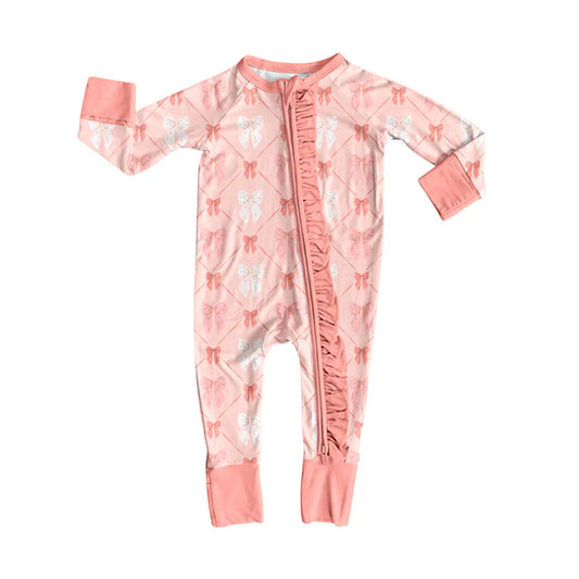 Preorder(moq 5)Baby Girls Coral Bows Ruffle Zipper Footie Rompers 8.14