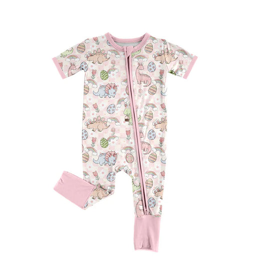 Preorder (moq 5)Baby Girls Pink Dinosaurs Eggs Easter Two Way Zip Convertible Rompers 11.14