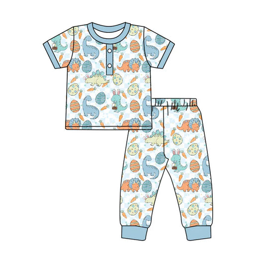 Preorder(moq 5) Baby Boys Blue Dinosaurs Eggs Button Top Pants Easter Pajamas Sets 11.14