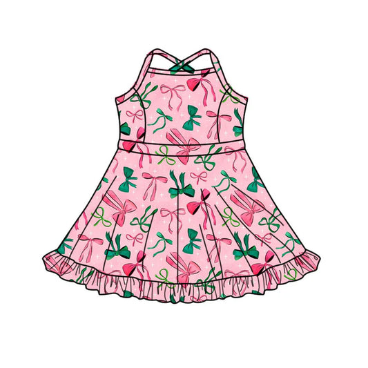 Preorder(moq 5) Baby Girls Strap Red Green Bows Plaid Shorts Ruffle Knee Length Dresses 10.17