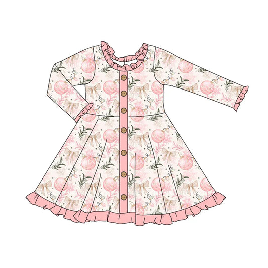 Preorder (moq 5)Baby Girls Long Sleeves Bows Lights Button Ruffle Knee Length Dresses 5.29