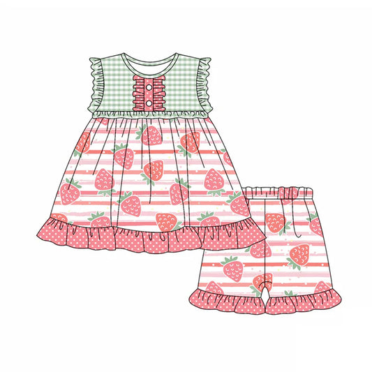 Preorder (moq 5)Baby Girls Ruffle Sleeveless Button Strawberry Tunic Pink Stripe Short Set 4.26