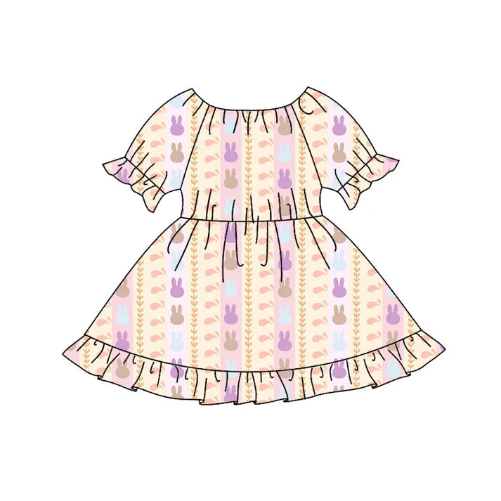 Preorder(moq 8)Baby Girls Colorful Rabbits Stripe Easter Ruffle Knee Length Dresses 9.25