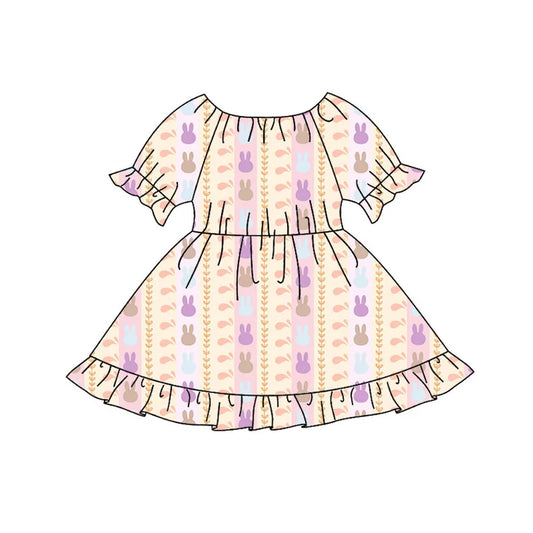 Preorder(moq 8)Baby Girls Colorful Rabbits Stripe Easter Ruffle Knee Length Dresses 9.25