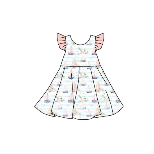 Preorder(moq 5) Baby Girls Flutter Sleeve Flowers Boats Stripe Knee Length Dresses 11.14