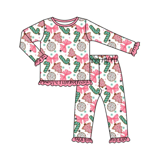 Preorder (moq 5)Baby Girls Long Ruffle Sleeves Bows Candy Cane Top Pants Pajamas Set 7.28