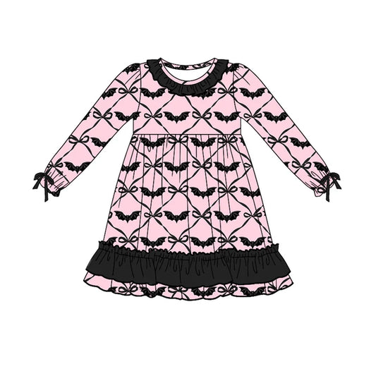 Preorder moq 5 Baby Girls Pink Long Ruffle Sleeves Black Bows Bats Knee Length Dresses 5.7