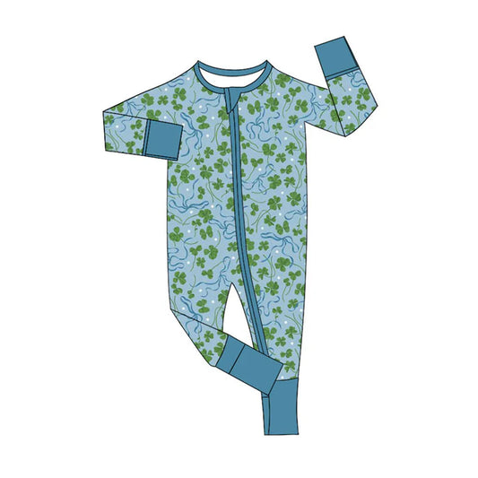 Preorder (moq 8)Baby Girls Clovers Plaid St Patrick Zipper Footie Rompers 9.30