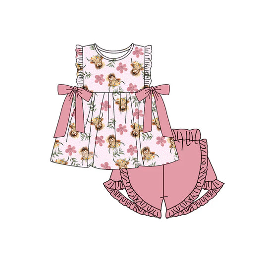 Preorder moq 5 Baby Girls Sleeveless Highland Cows Flowers Tunic Pink Ruffle Short Set 4.19