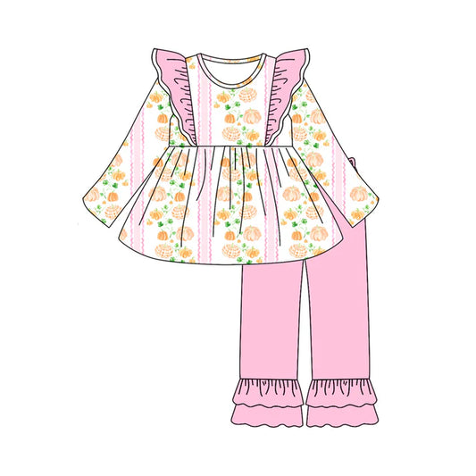 Preorder (moq 5)Baby Girls Long Sleeves Pink Pumpkins Stripe Tunic Ruffle Pant Set 6.18