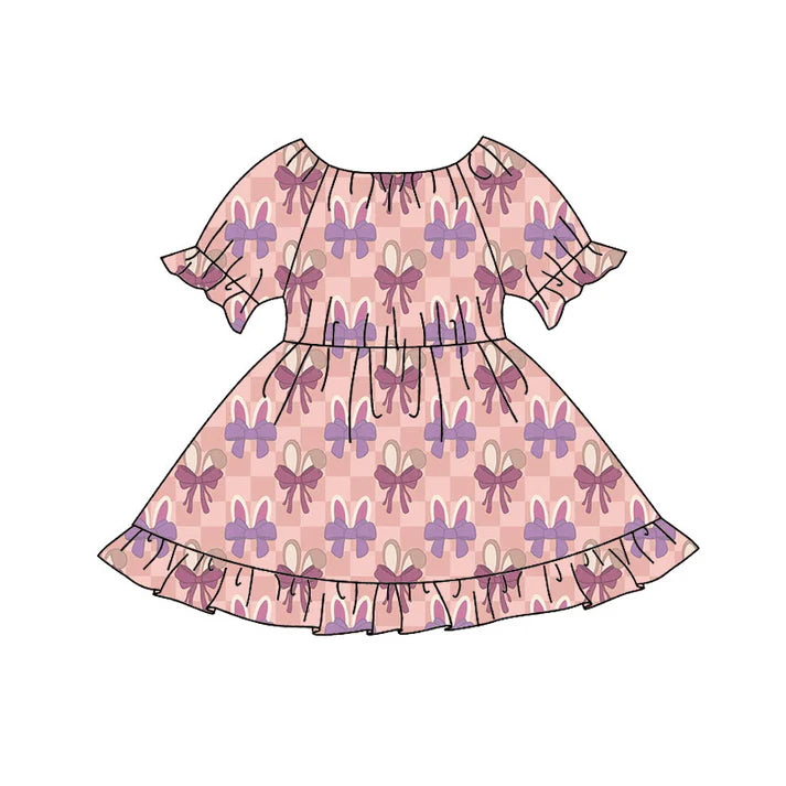 Preorder(moq 8)Baby Girls Pink Checked Bows Rabbits Easter Ruffle Knee Length Dresses 9.25