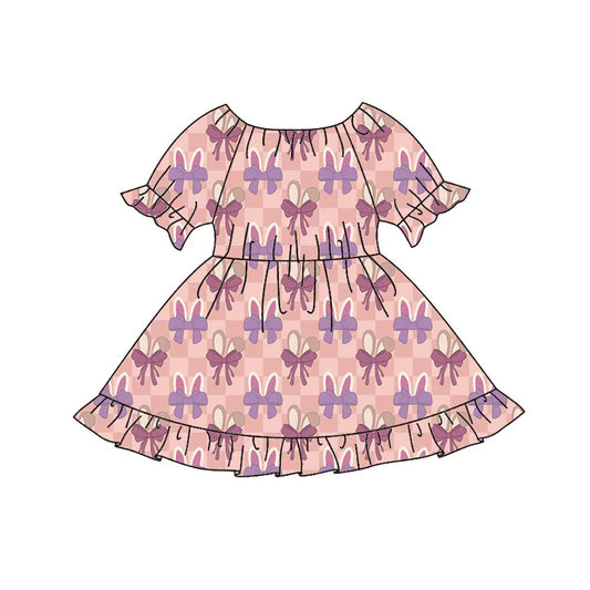 Preorder(moq 8)Baby Girls Pink Checked Bows Rabbits Easter Ruffle Knee Length Dresses 9.25