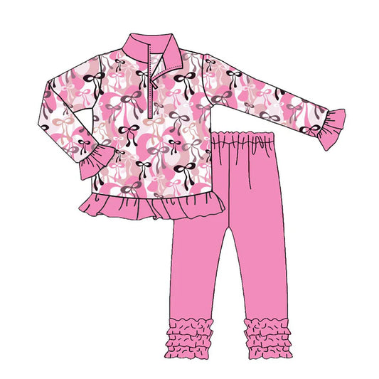 Preorder(moq 8)Baby Girls Black Pink Bows Plaid Zipper Pullover Ruffle Leggings Clothes Sets 9.25