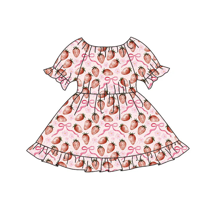 Preorder(moq 8)Baby Girls Pink Bows Strawberry Ruffle Knee Length Dresses 9.25