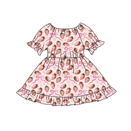 Preorder(moq 8)Baby Girls Pink Bows Strawberry Ruffle Knee Length Dresses 9.25