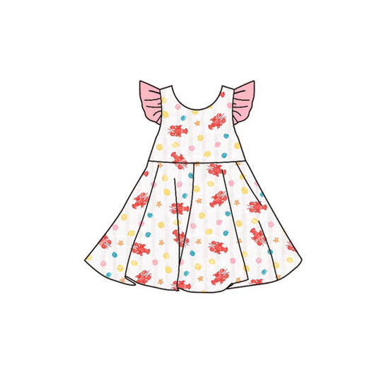 Preorder(moq 5) Baby Girls Flutter Sleeve Crayfishes Shells Stripe Knee Length Dresses 11.14