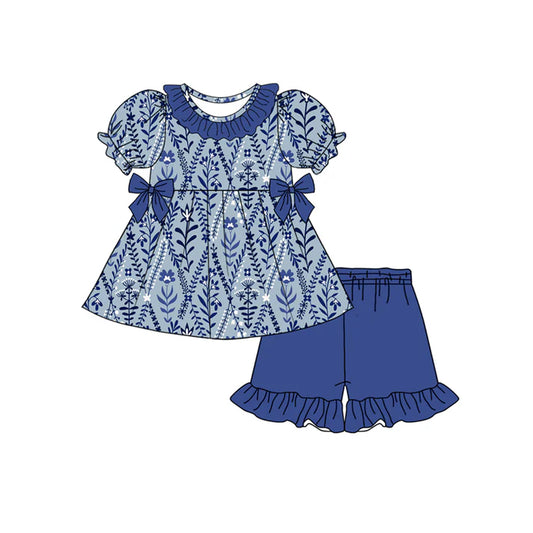 Preorder moq 5 Baby Girls Hot Blue Short Ruffle Sleeves Floral Bows Tunic Ruffle Short Set 4.19