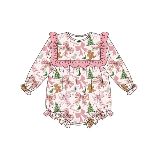 Preorder (moq 5)Baby Girls Long Sleeves Pink Bows Gingerbread Trees Ruffle Romper 7.5