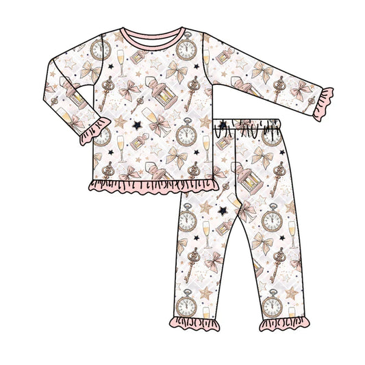 Preorder (moq 5)Baby Girls Long Ruffle Sleeves Pink Key Stars Plaid Top Pants Pajamas Set 7.29