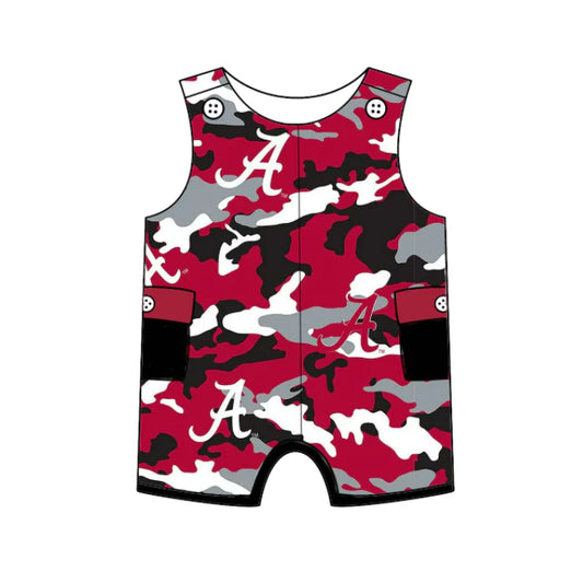Preorder (moq 5)Baby Girls Red Camo Sleeveless A Team Shorts Rompers 6.17