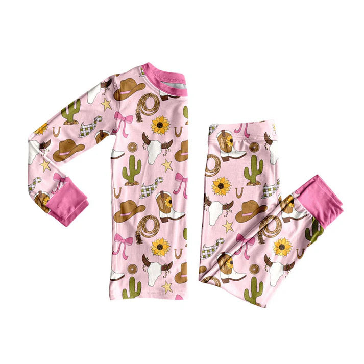 Preorder (moq 8)Baby Girls Pink Cactus Hats Bull Skulls Top Pants Western Pajamas Sets 9.22