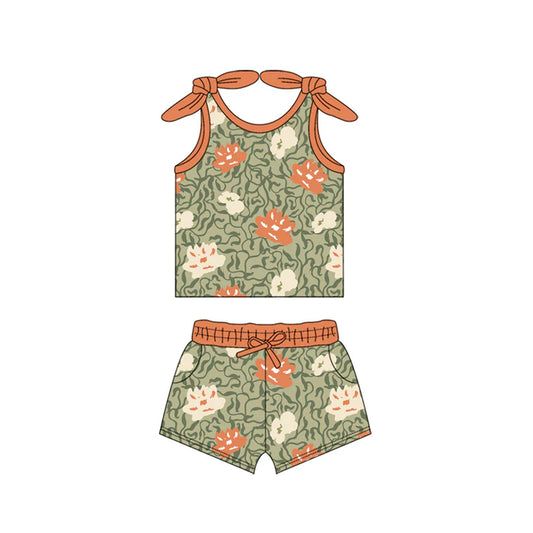 Preorder (moq 5)Baby Girls Orange Bows Strap Floral Top Green Pockets Short Sets 5.15