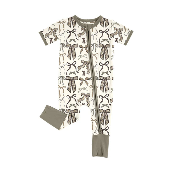 Preorder (moq 5)Baby Girls Grey Camo Bows Two Way Zip Convertible Rompers 12.15