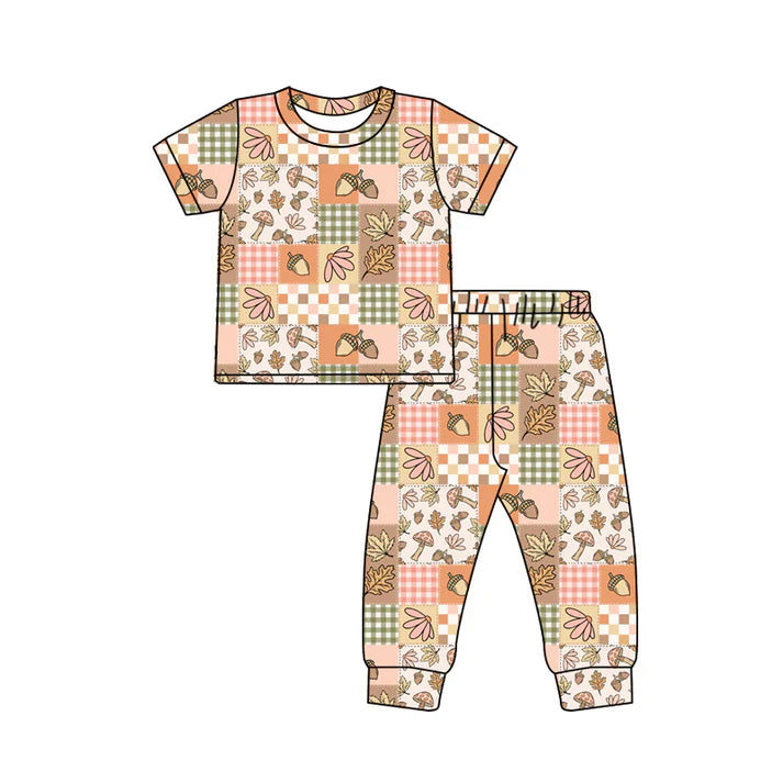 Preorder (moq 5)Baby Boys Short Sleeves Flowers Plaid Top Pant Pajamas Sets 6.10