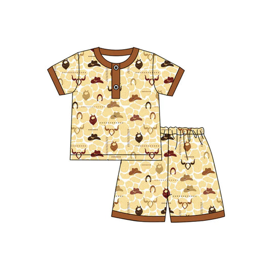 Preorder moq 5 Baby Boys Khaki Short Sleeves Hats Bull Skull Button Top Shorts Pajamas Set 4.14