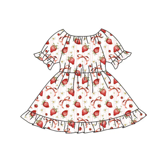 Preorder(moq 8)Baby Girls Red Bows Strawberry Ruffle Knee Length Dresses 9.25