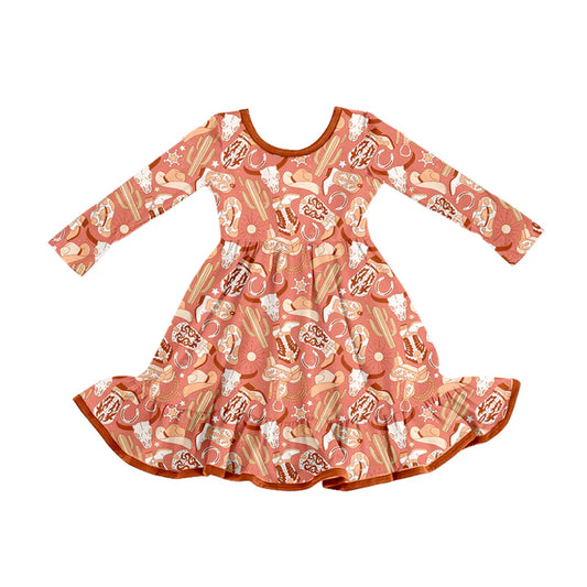 Preorder (moq 5)Baby Girls Western Boots Cactus Cow Ruffle Knee Length Dresses 8.14