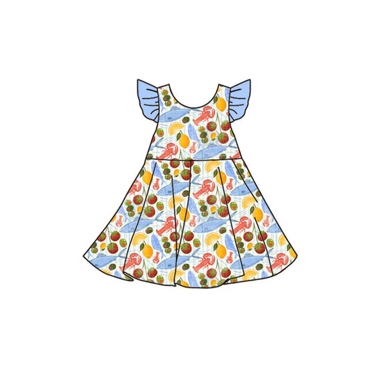 Preorder(moq 5) Baby Girls Flutter Sleeve Crayfishes Fishes Knee Length Dresses 11.14