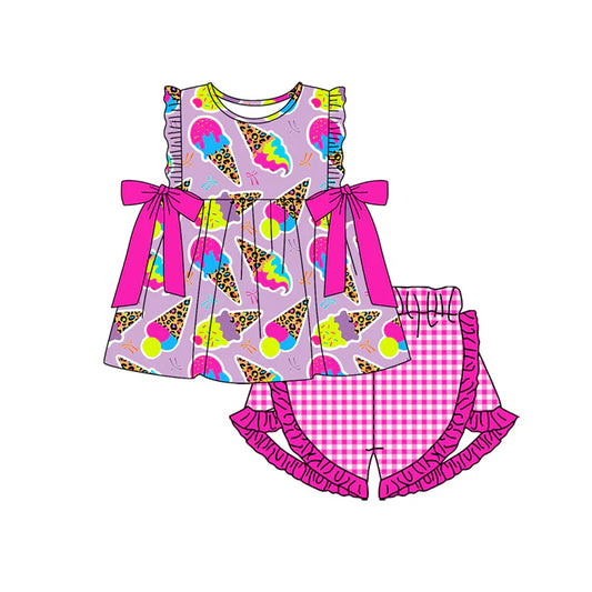 Preorder moq 5 Baby Girls Sleeveless Bows Ice-cream Bows Tunic Pink Plaid Ruffle Short Set 4.19
