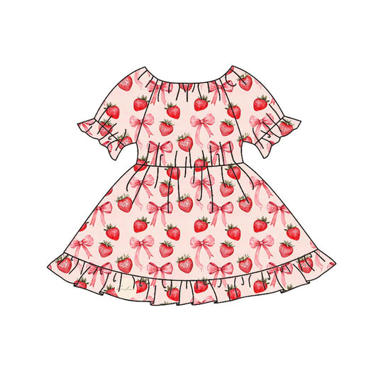 Preorder(moq 8)Baby Girls Red Bows Strawberry Ruffle Knee Length Dresses 9.25