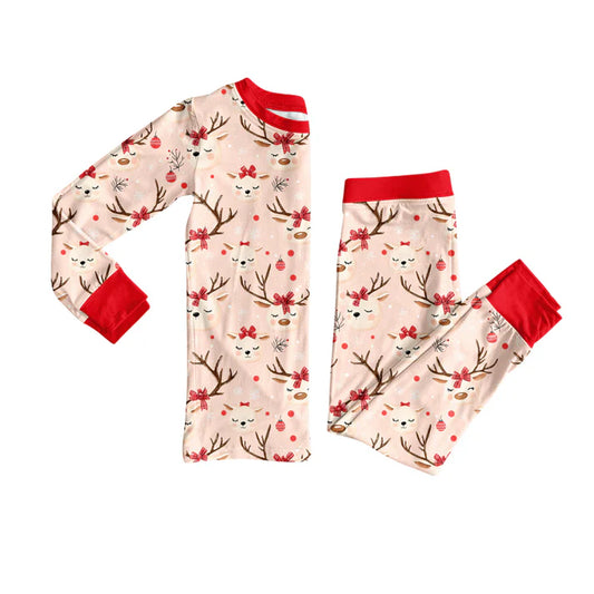 Preorder (moq 5)Baby Girls Red Long Sleeves Deer Bows Top Pant Pajamas Set 6.2