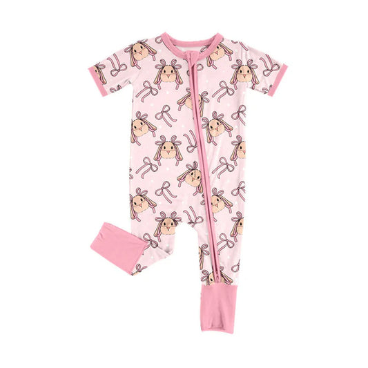 Preorder (moq 8)Baby Girls Short Sleeve Pink Bows Rabbits Easter Zipper Footie Rompers 9.12