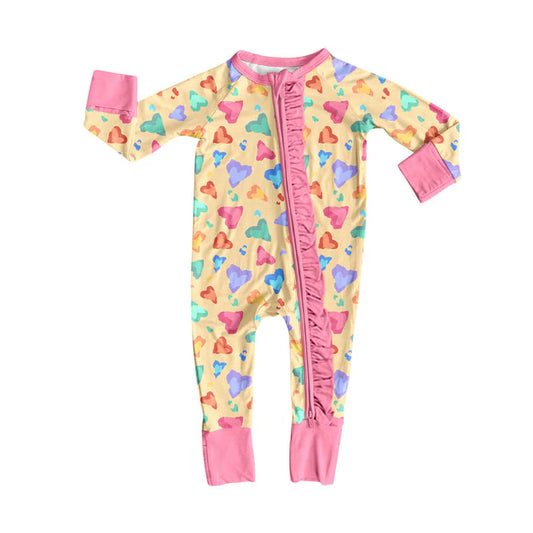 Preorder (moq 8)Baby Girls Colorful Hearts Valentine Ruffle Zipper Footie Rompers 9.11