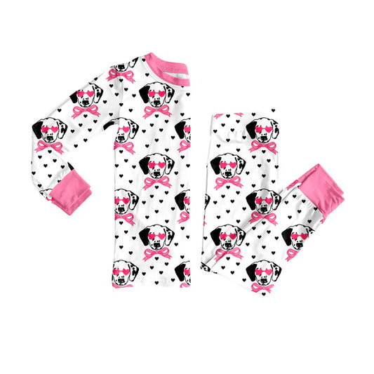 Preorder (moq 5)Baby Girls Hearts Dogs Bows Top Pants Valentine Pajamas Sets 9.6