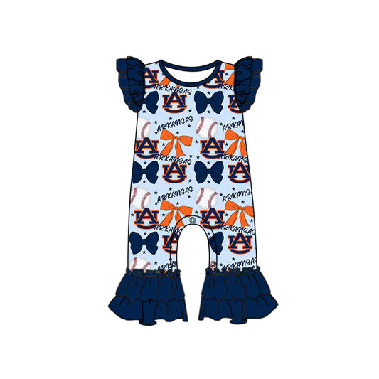 Preorder (moq 5)Baby Girls Navy Flutter Sleeves Baseball Bows Arkansas Ruffle Pant Team Rompers 6.16