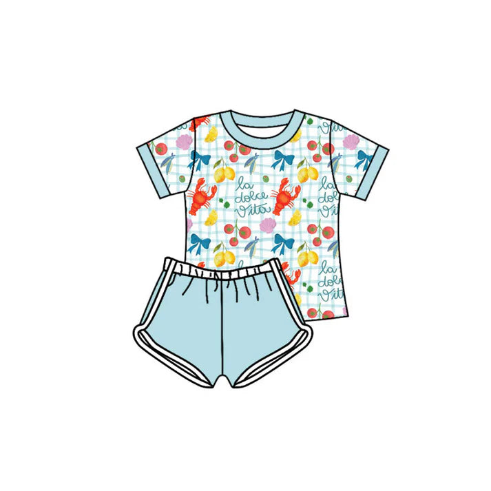 Preorder(moq 5) Baby Girls Crayfishes Lemons Checked Top Shorts Clothes Sets 11.14