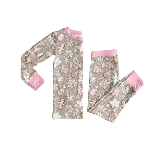 Preorder (moq 5)Baby Girls Pink Long Sleeves Snowflake Gingerbread Top Pant Pajamas Sets 6.3