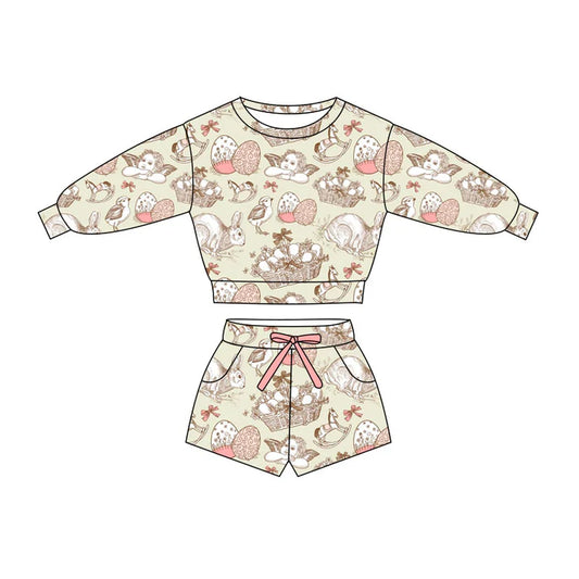 Preorder(moq 5) Baby Girls Angle Rabbits Long Sleeve Top Pockets Shorts Easter Clothes Sets 11.4