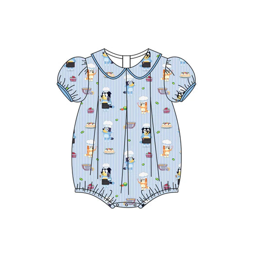 Preorder (moq 5)Baby Girls Blue Stripe Short Ruffle Sleeves Cartoon Dogs Rompers 4.25