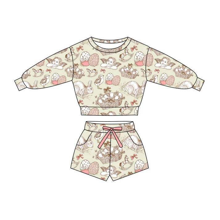 Preorder(moq 5) Baby Girls Angle Rabbits Long Sleeve Top Pockets Shorts Easter Clothes Sets 11.12