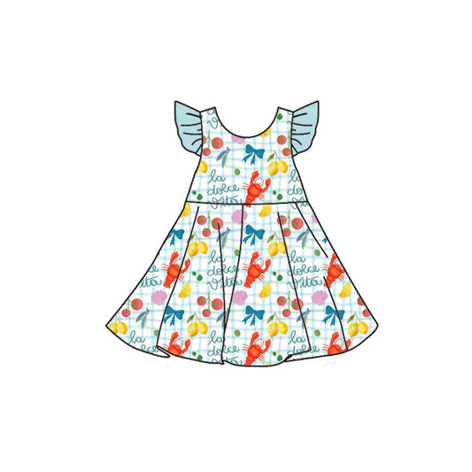 Preorder(moq 5) Baby Girls Flutter Sleeve Crayfishes Lemons Checked Knee Length Dresses 11.13