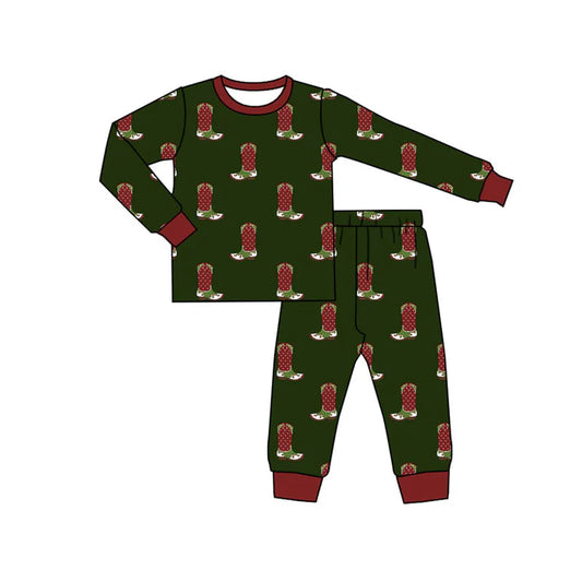 Preorder (moq 8)Baby Boys Dark Green Boots Top Pants Christmas Pajamas Set 9.15